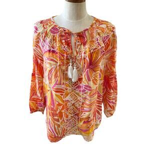 C&C California Sunset Long Sleeve Top Pink Orange tropical print M